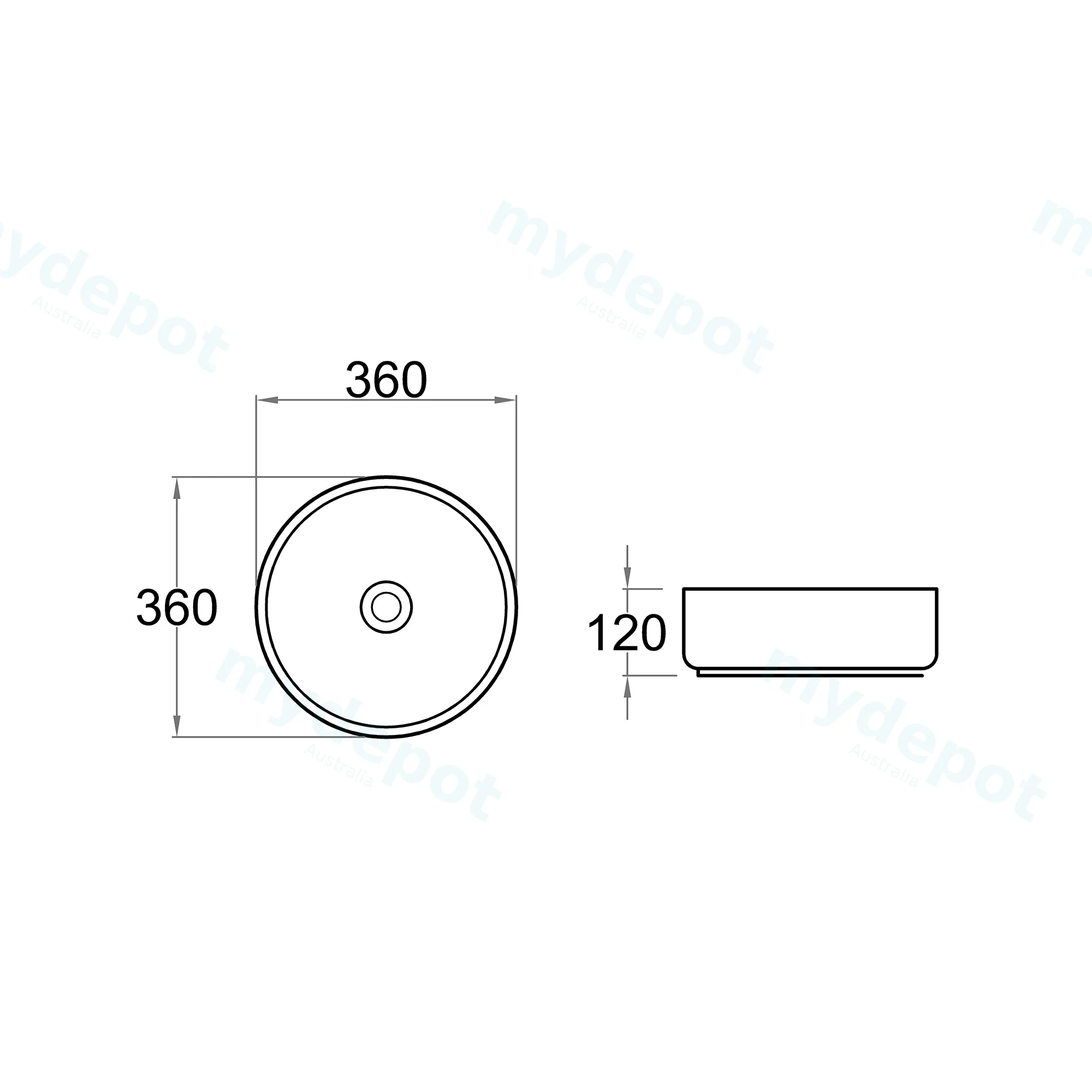 360x360x120mm Round Gloss White Ceramic Above Counter Basin Non-overflow view 7