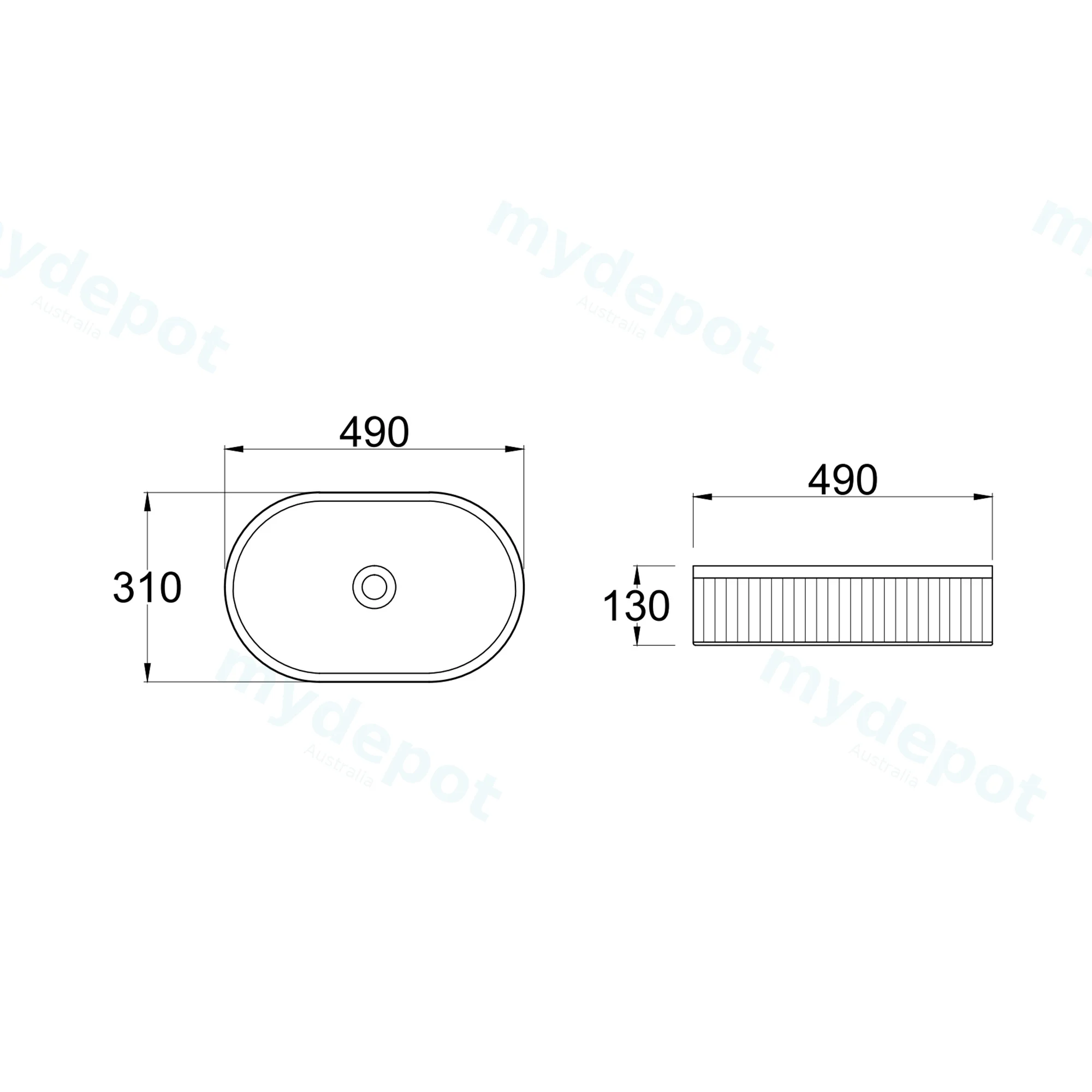 490x310x130mm Pill Fluted Gloss White Ceramic Art Basin Above Counter Basin Non-overflow view 5