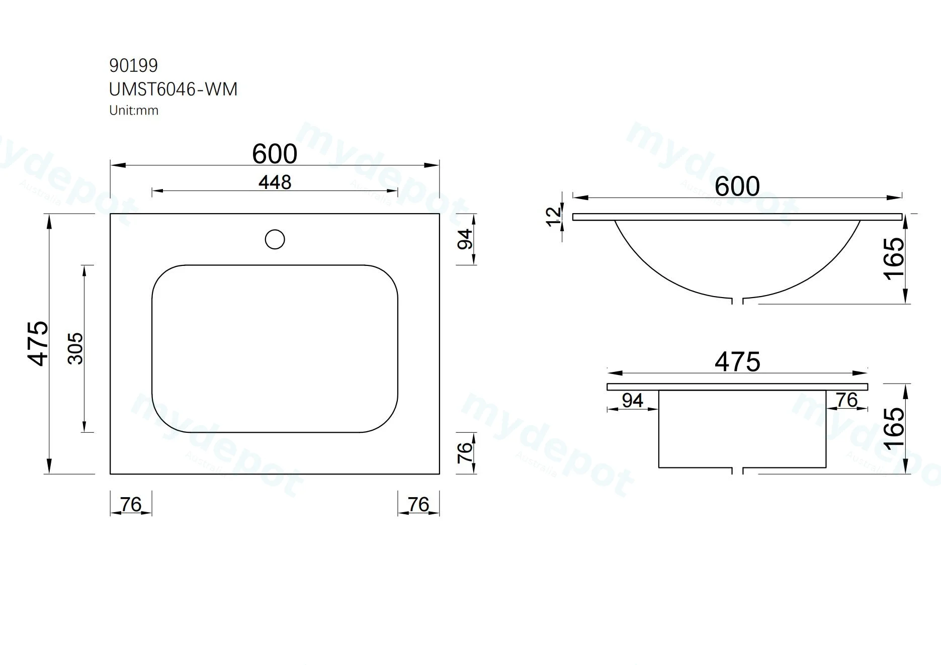 600Lx460Dx180Hmm White Marble Look Sintered Stone Top With Undermount Basin view 8