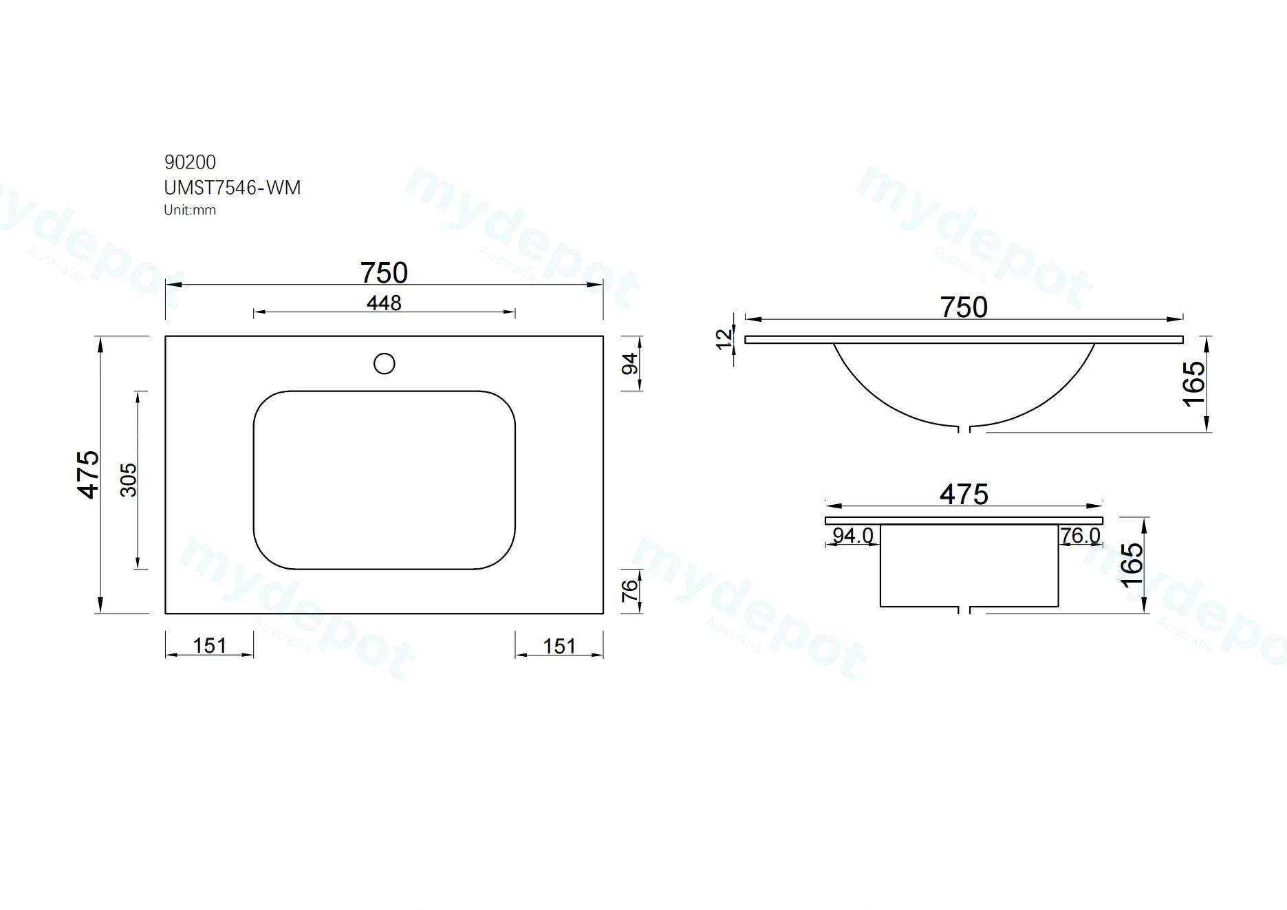 750Lx460Dx180Hmm White Marble Look Sintered Stone Top With Undermount Basin view 7