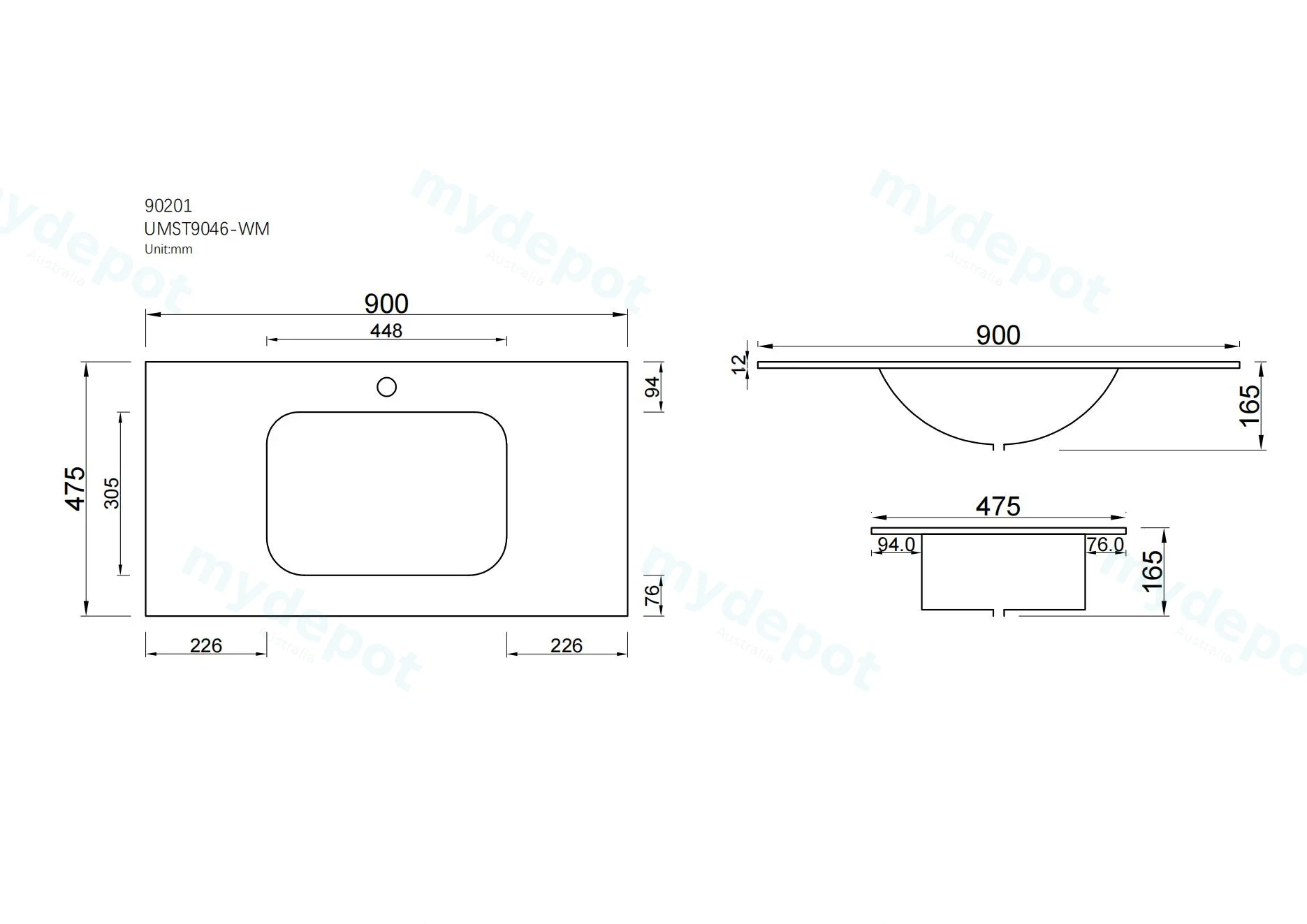 900Lx460Dx180Hmm White Marble Look Sintered Stone Top With Undermount Basin view 6