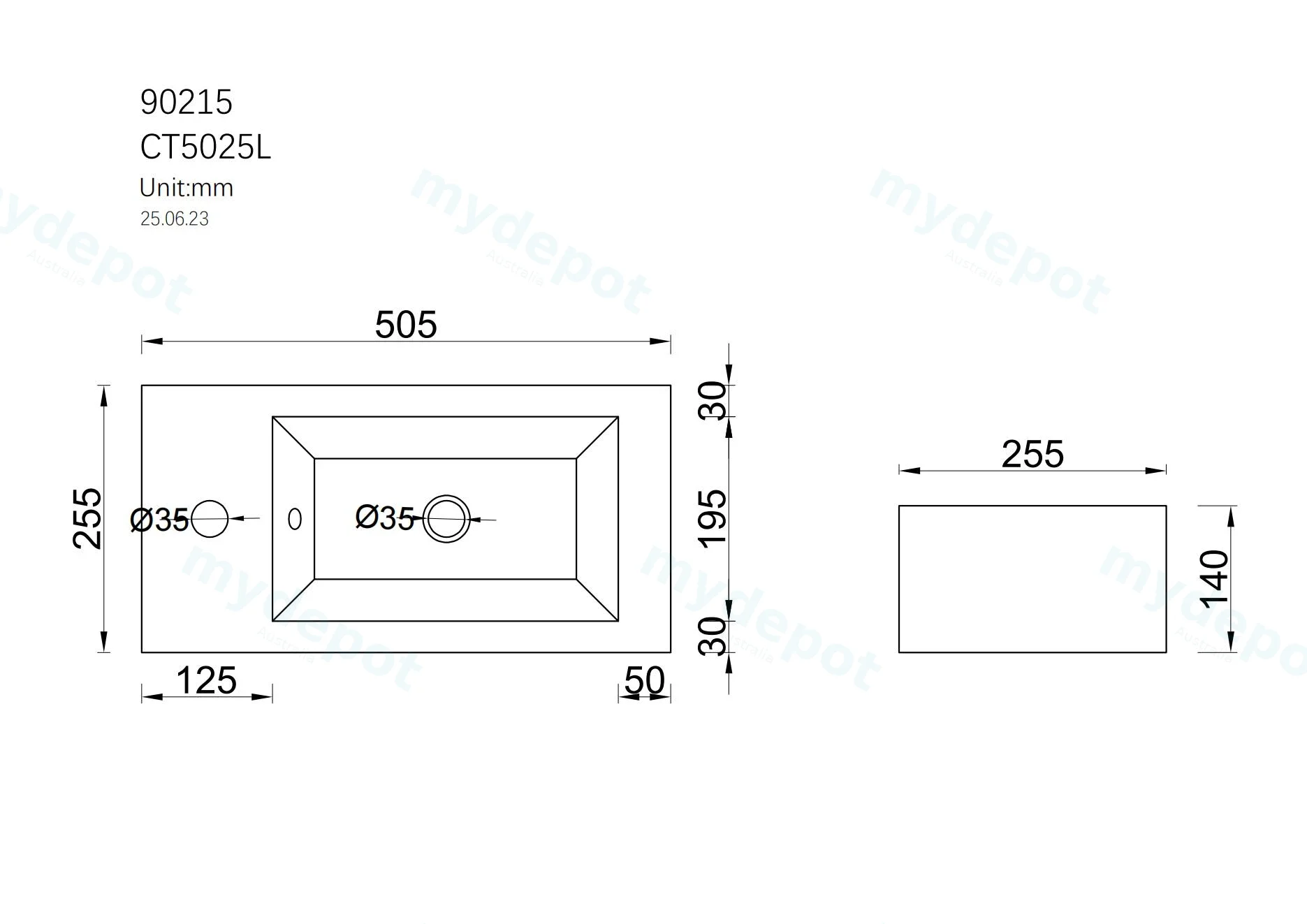 510Lx255Dx150Hmm Gloss White Ceramic Top Left Tap Hole view 10