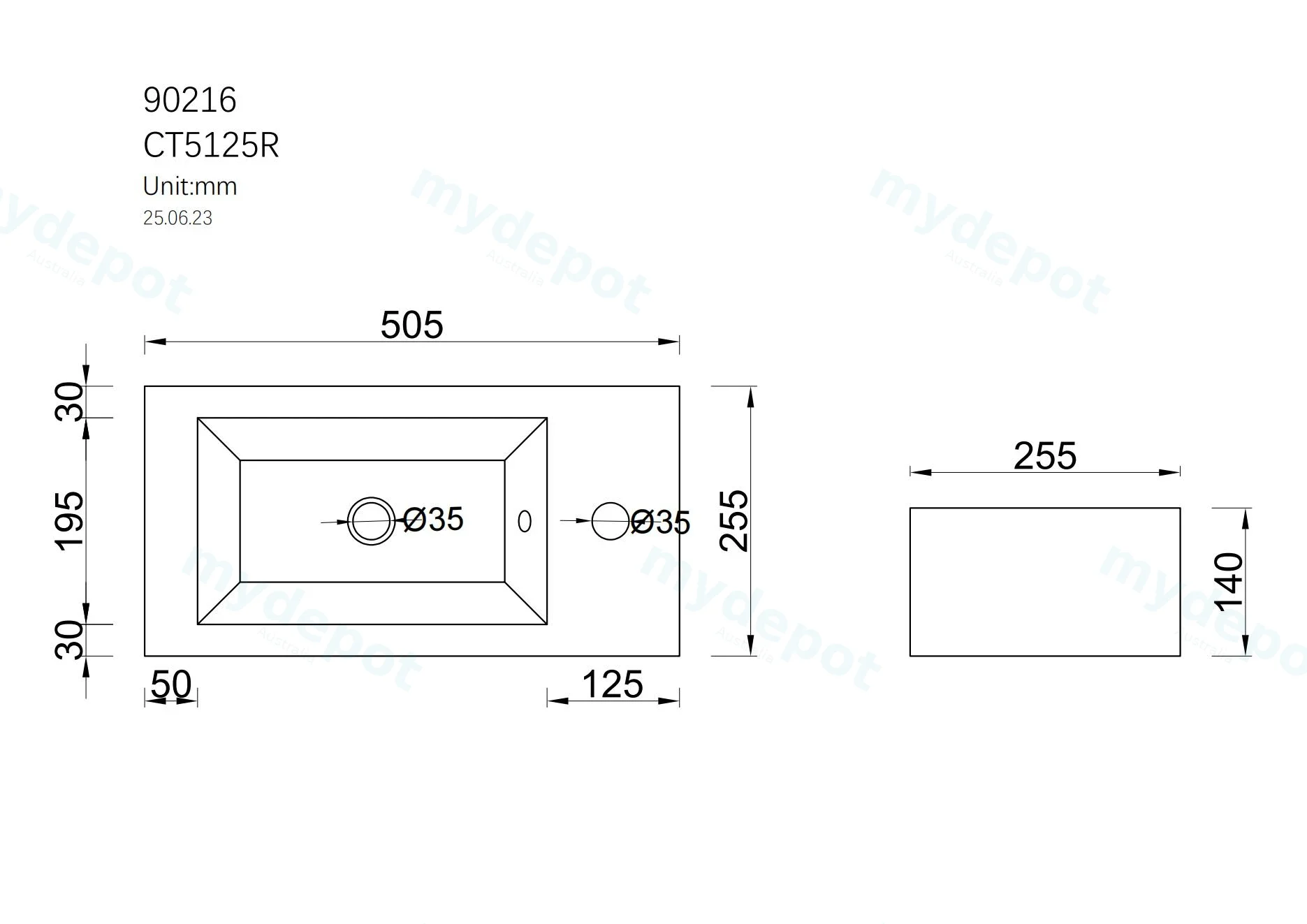 510Lx255Dx150Hmm Gloss White Ceramic Top Right Tap Hole view 9