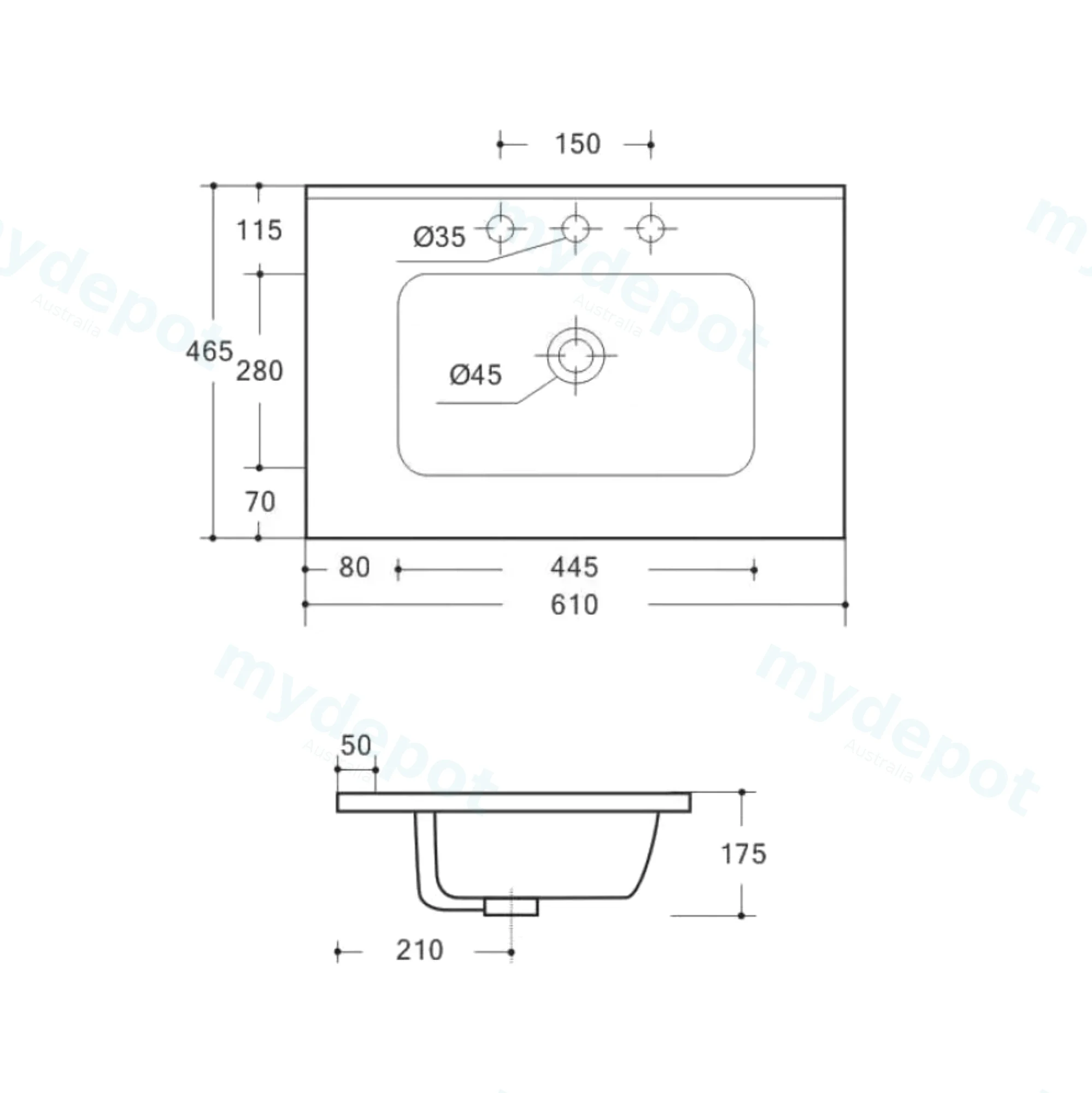 600x460x165mm Ora Basin Thin Edge Ceramic Top view 2