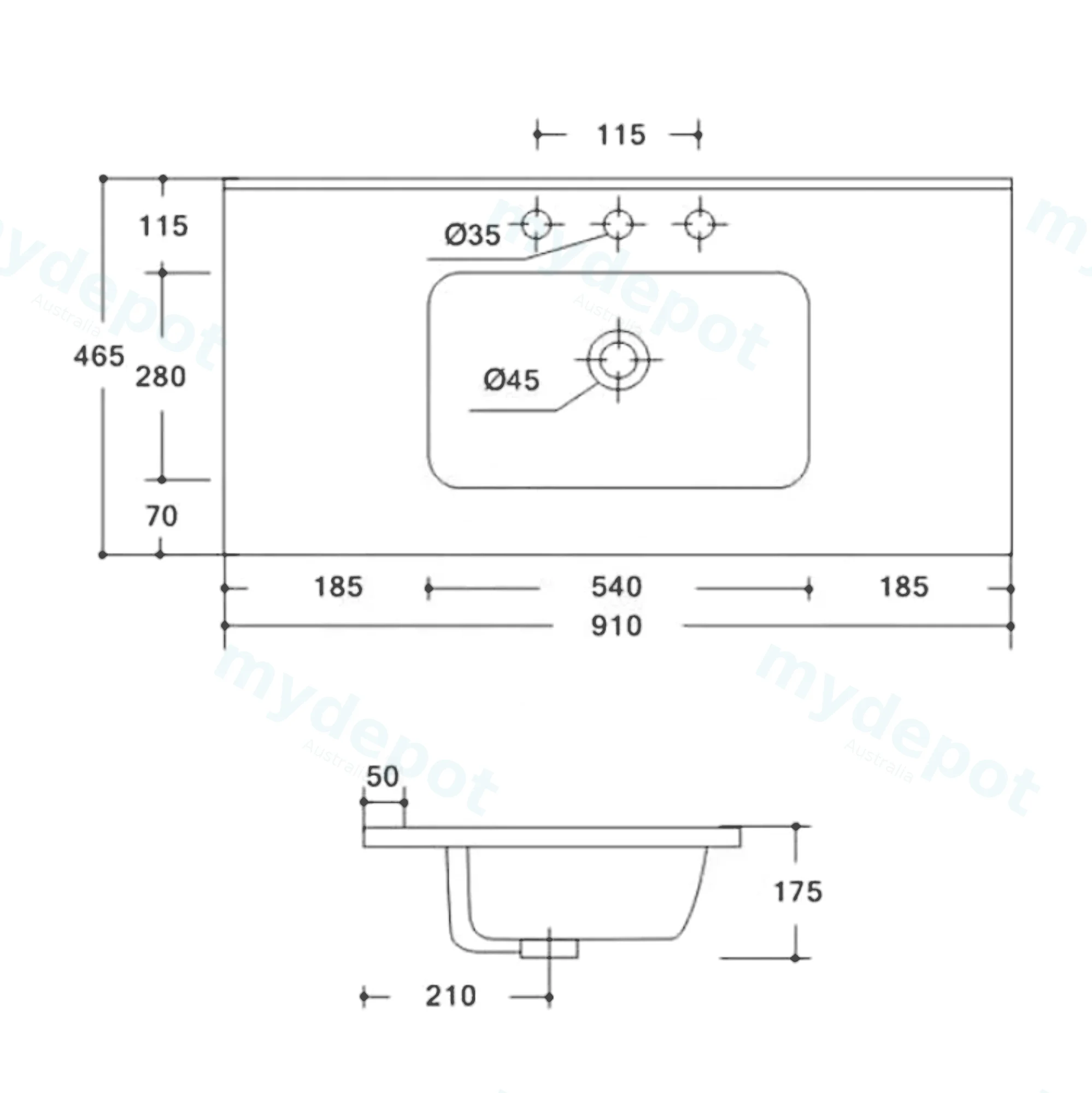 900x460x165mm Ora Basin Thin Edge Ceramic Top view 2