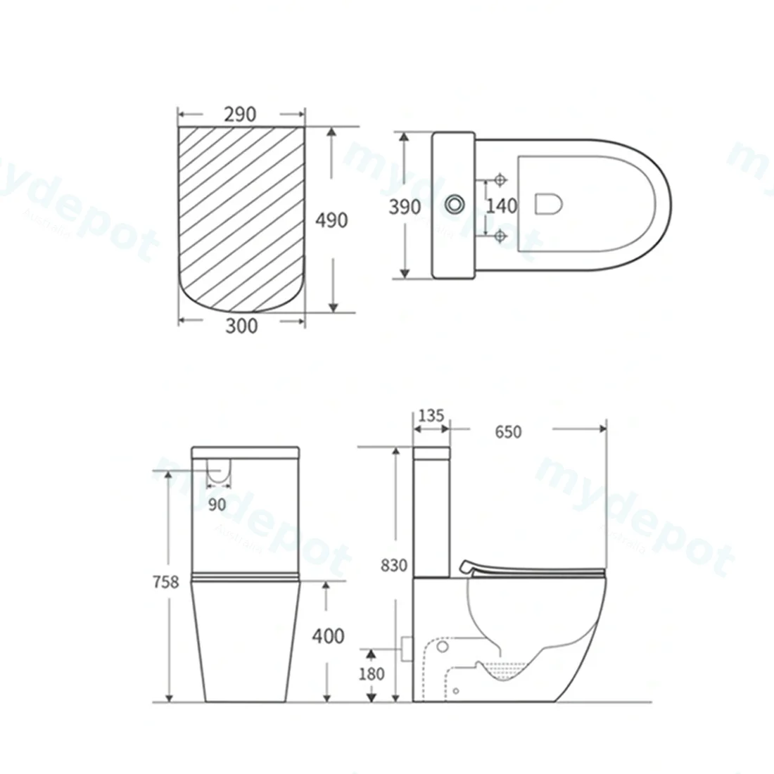 Eden Two-piece toilet Rimless Flushing Toilet P-trap: 180mm Roughing-in view 11