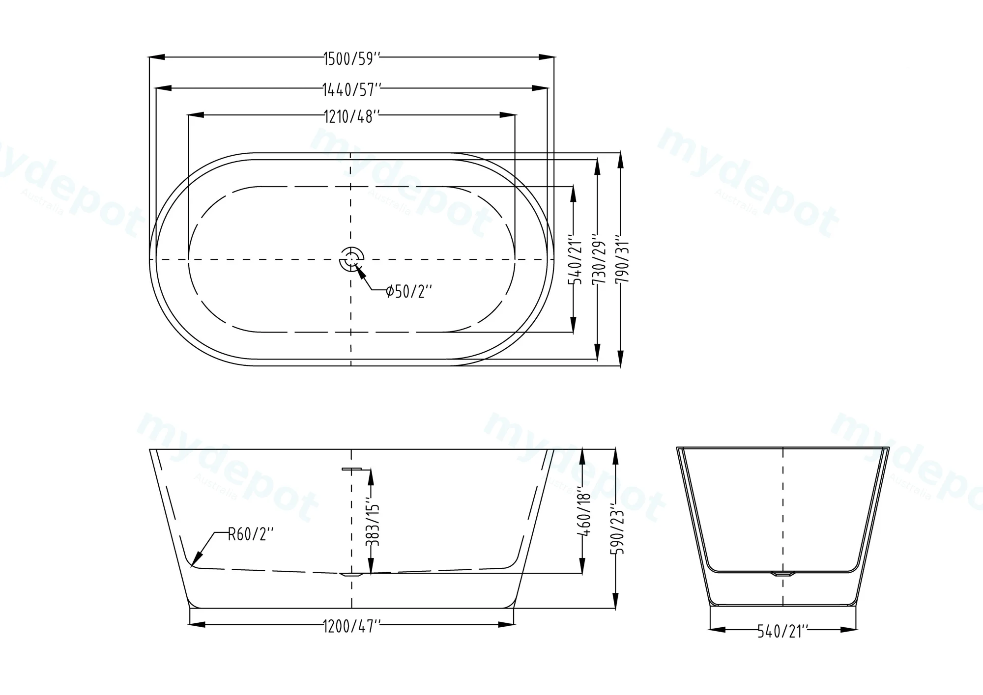 1500mm Round Gloss White Acrylic Free Standing Bathtub view 9