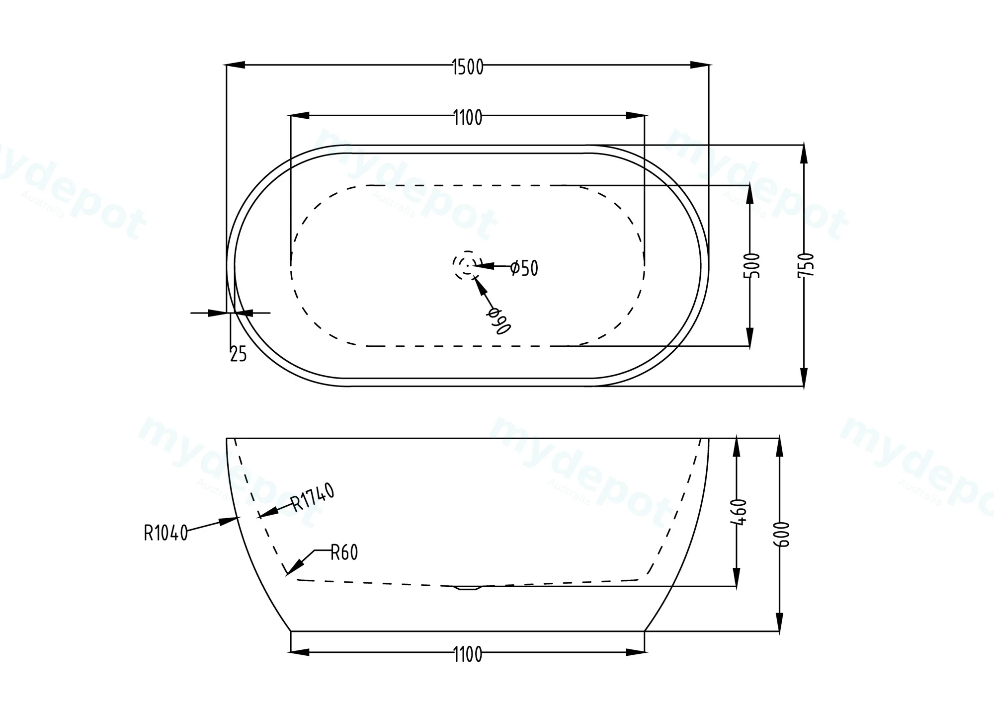 1500mm Belle Round Gloss White Acrylic Free Standing Bathtub view 7