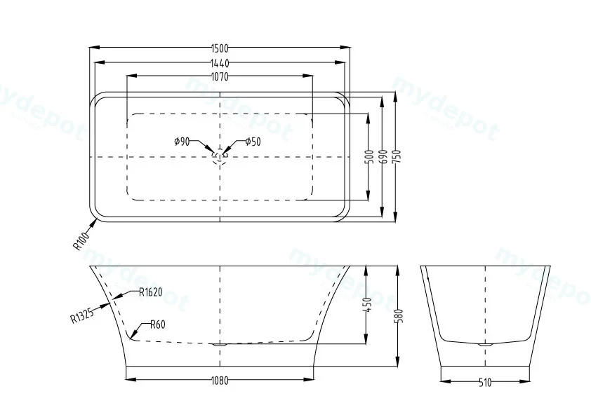 1500mm Gloss White Acrylic Free Standing Bathtub view 10