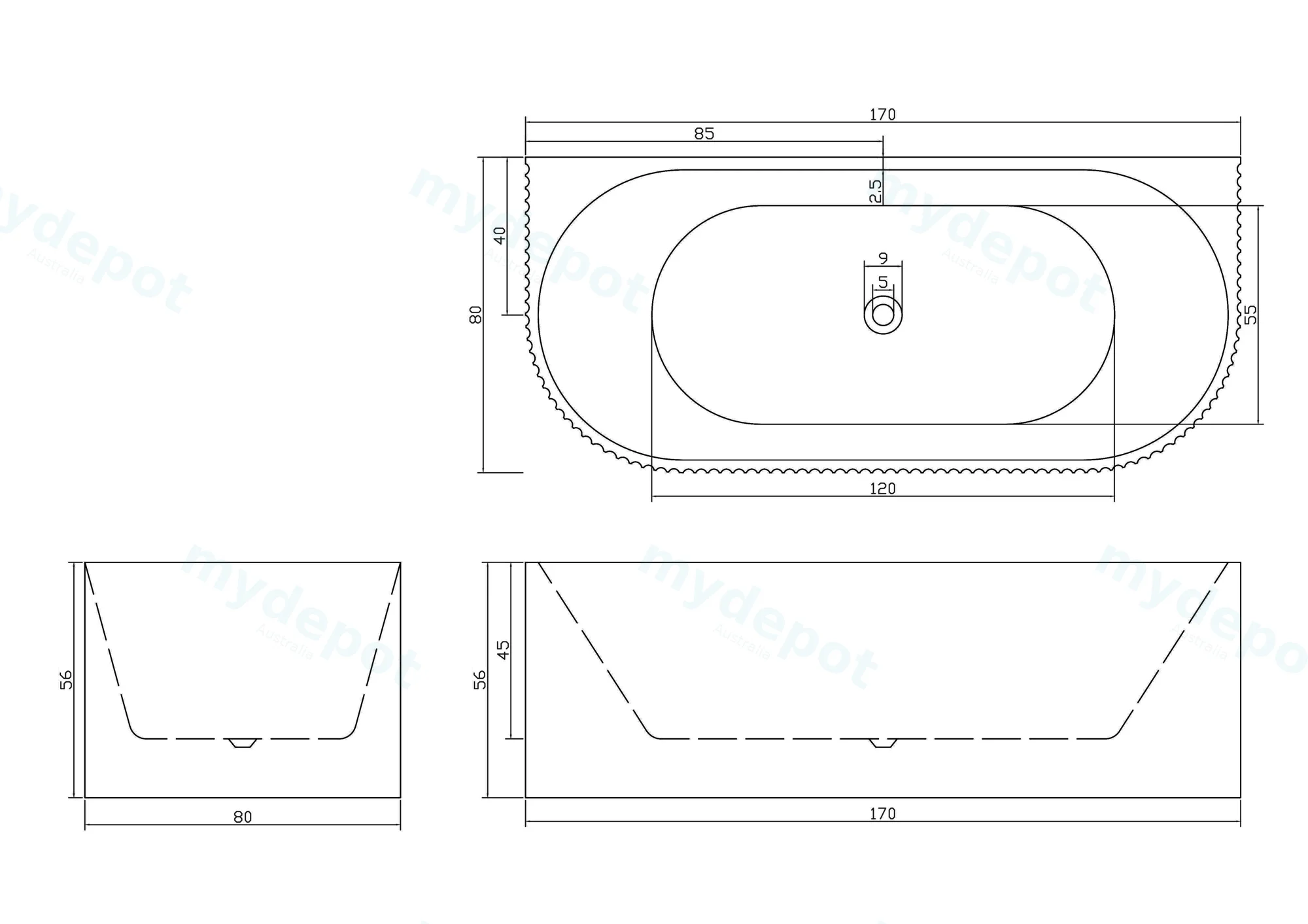 1700mm Kiama Grooved Gloss White Back to Wall Bathtub view 6