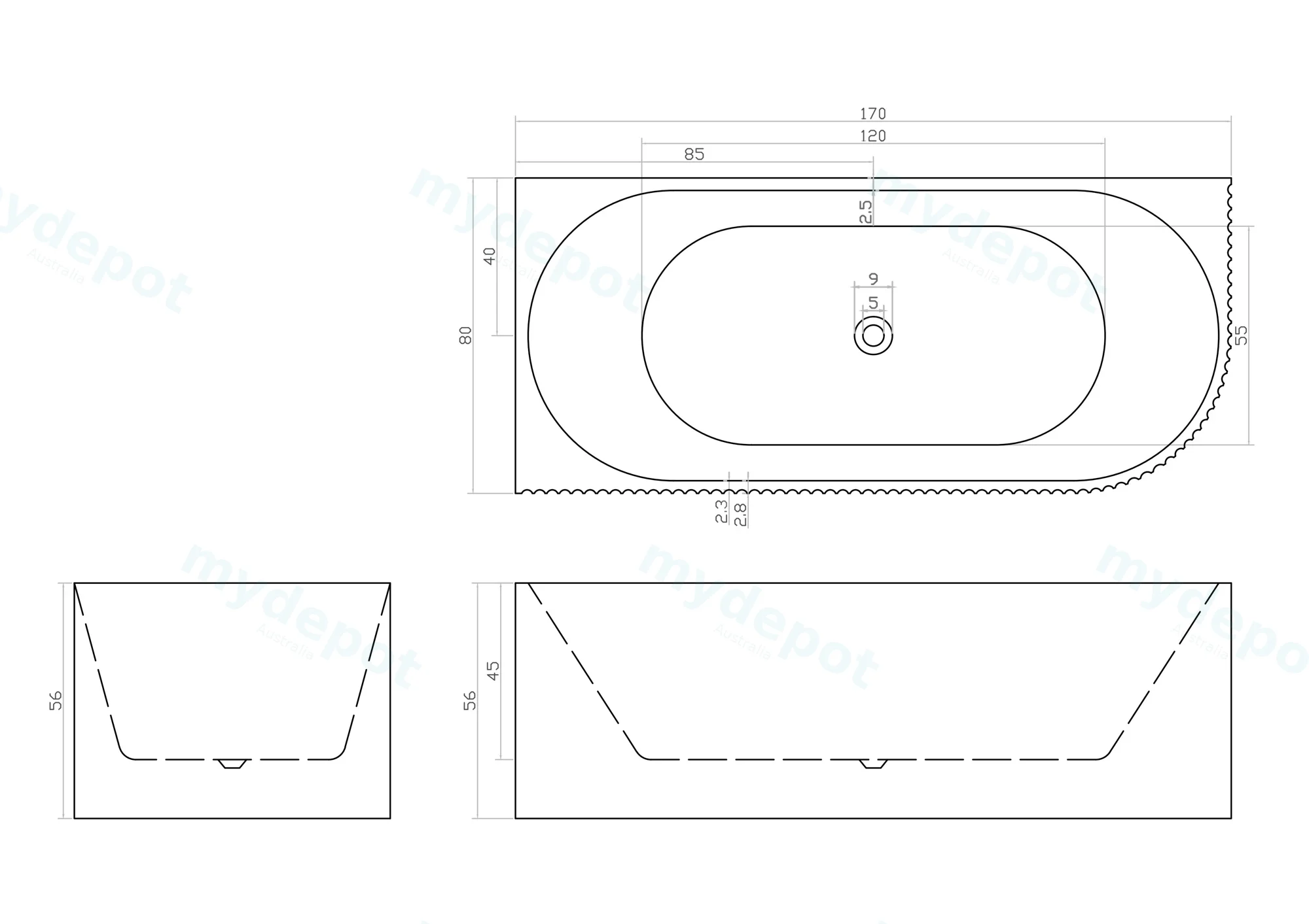 1700mm Kiama Grooved Gloss White Left Corner Fit Bathtub view 5