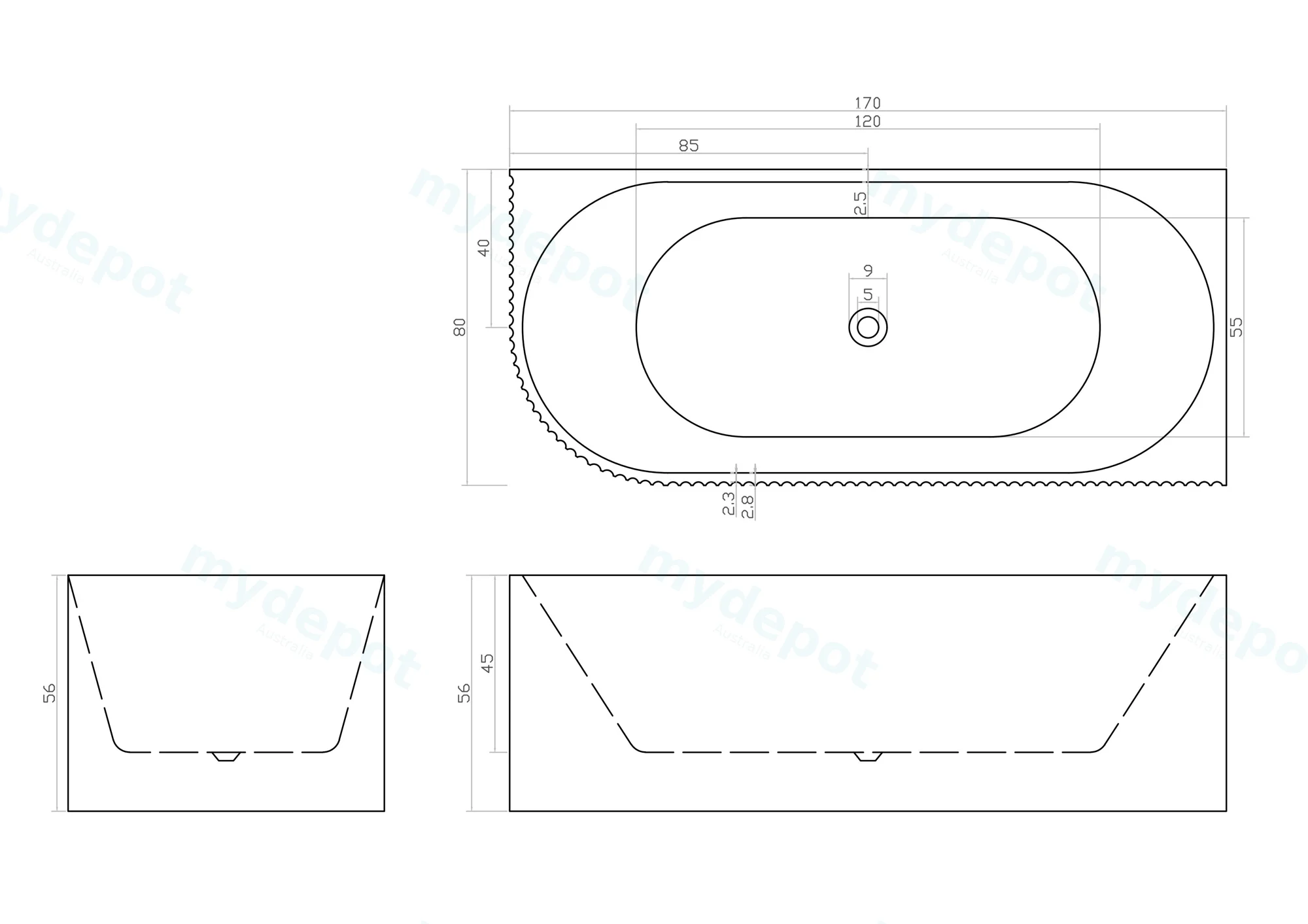 1700mm Kiama Grooved Gloss White Right Corner Fit Bathtub view 6