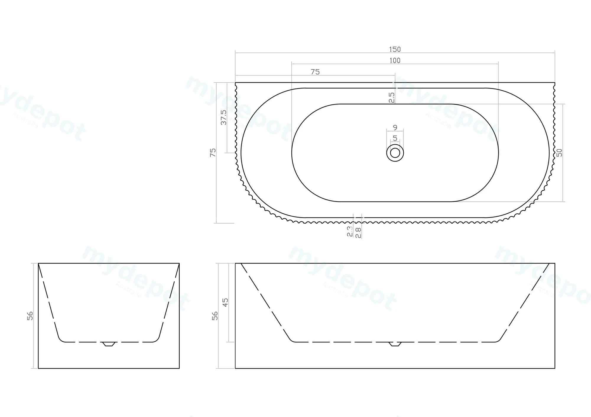 1500mm Kiama Grooved Gloss White Back to Wall Bathtub view 2