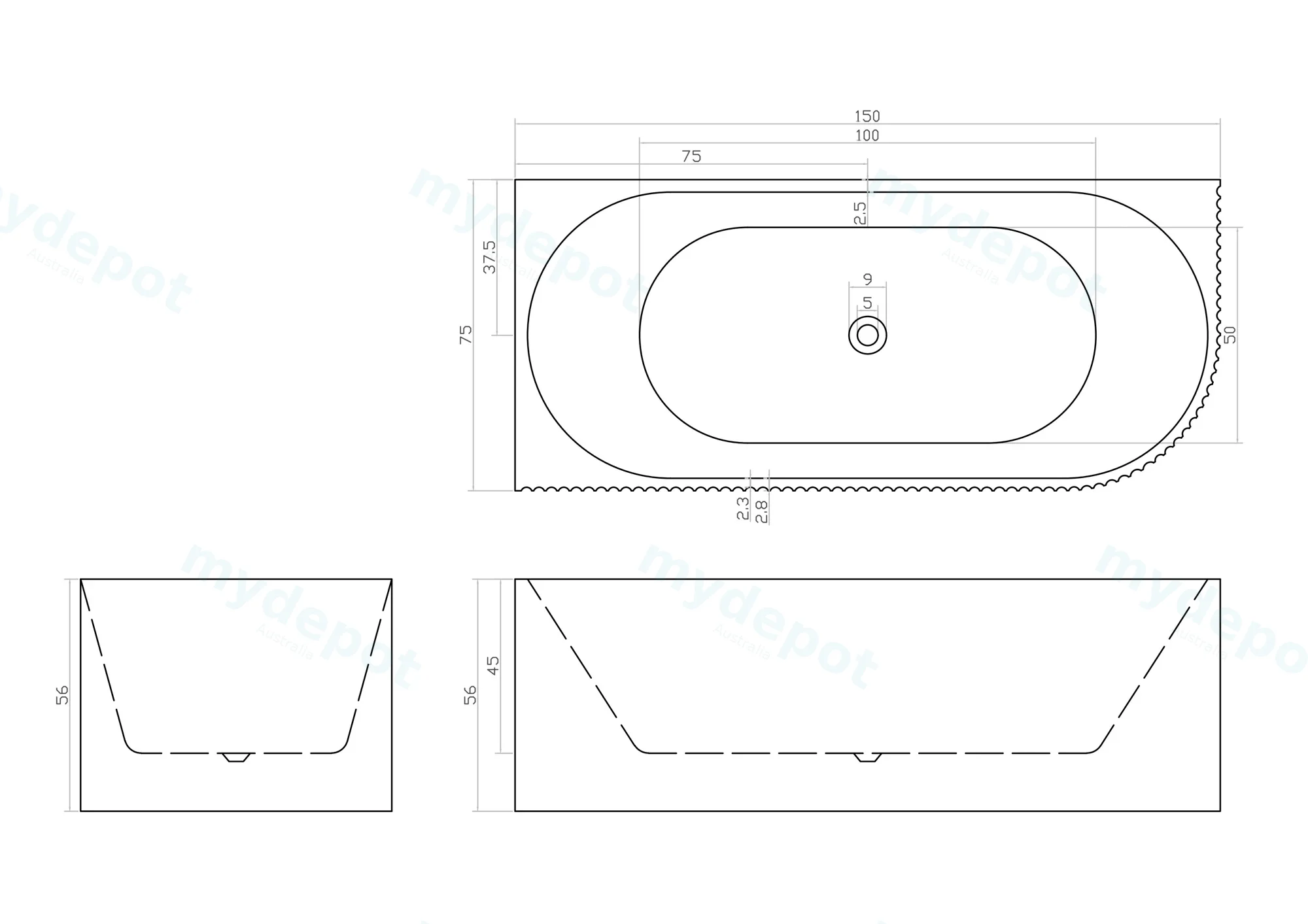 1500mm Kiama Grooved Gloss White Left Corner Fit Bathtub view 2