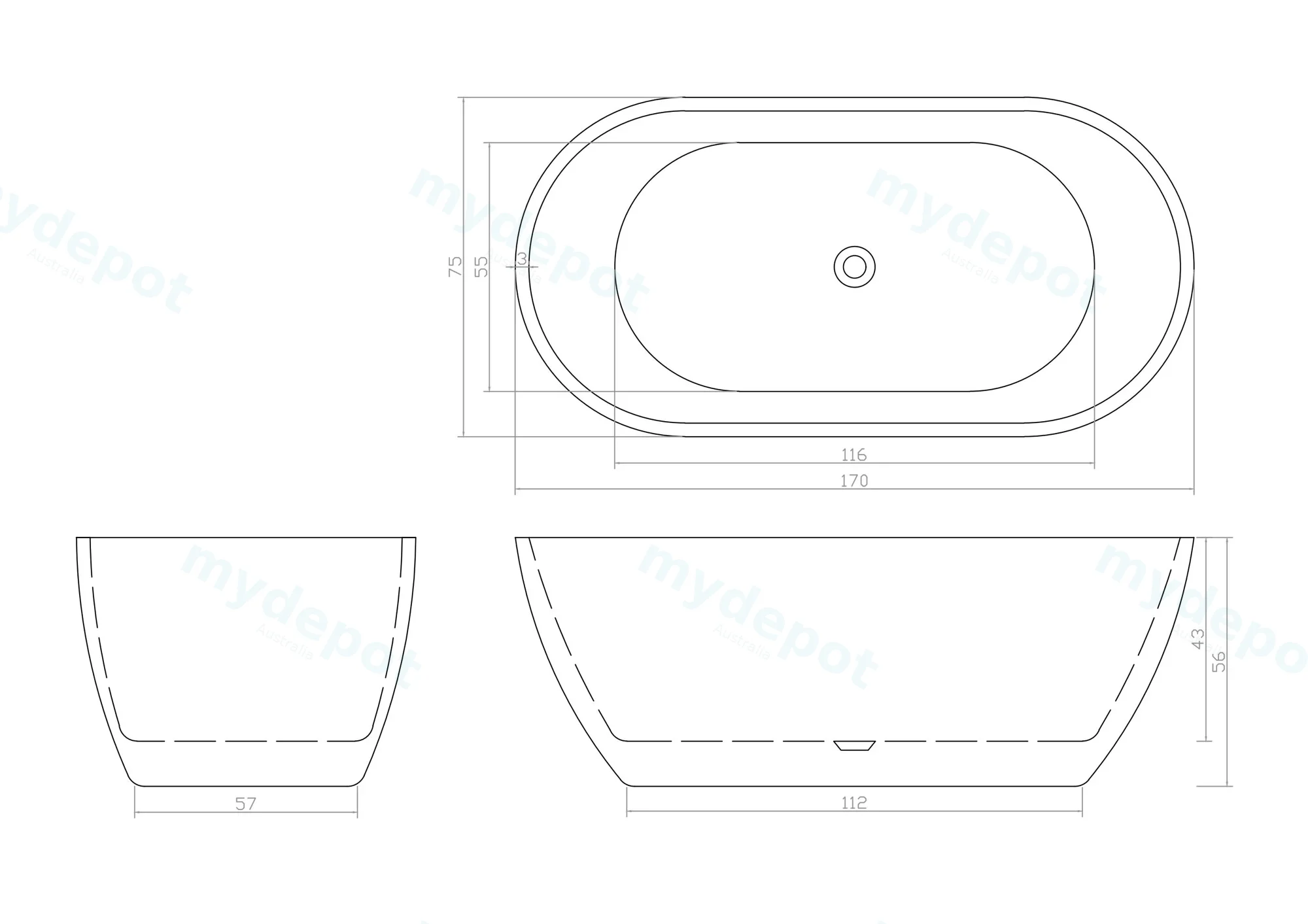 1700mm Freestanding Bathtub Gloss White Acrylic Oval Bathtub view 2
