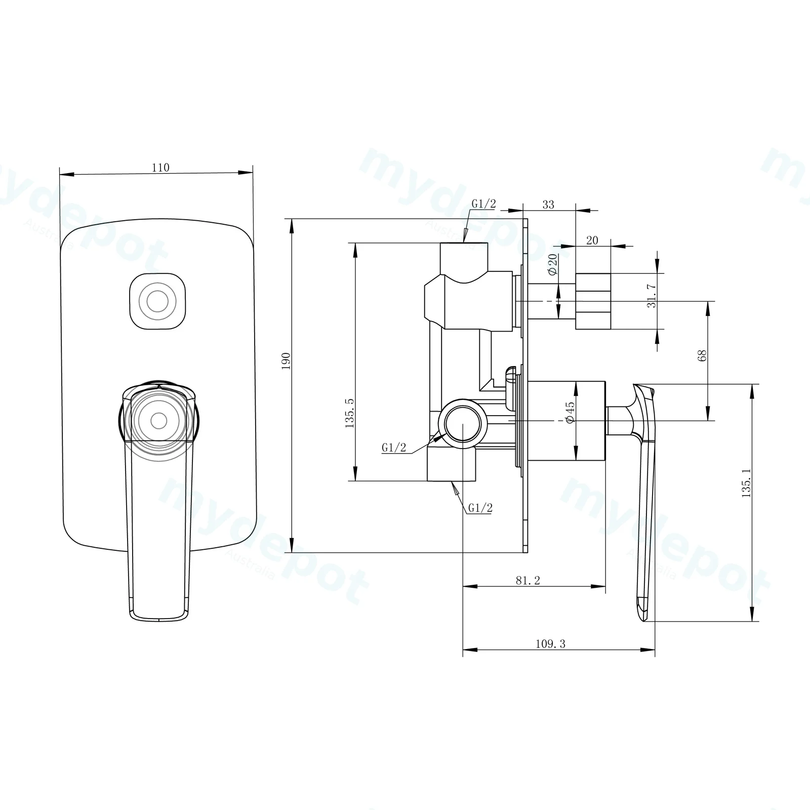 Esperia Matte Black Wall Mixer with Diverter view 2