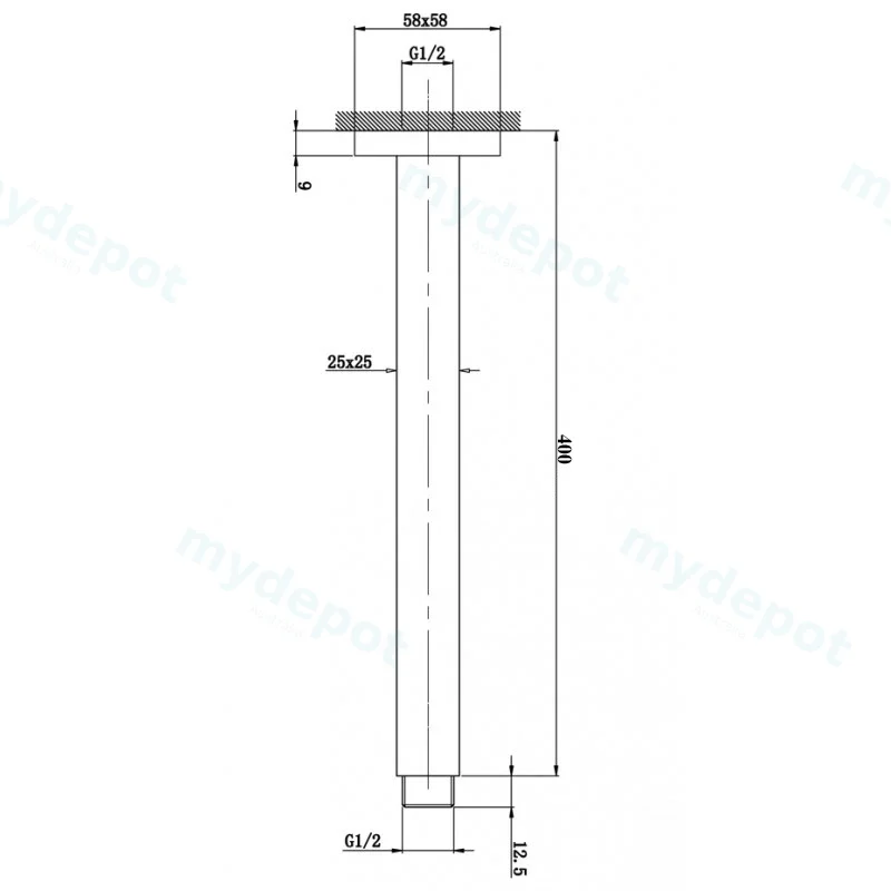 Cavallo Brushed Yellow Gold Square Ceiling Shower Arm 400mm view 2