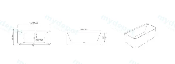 1700*800*590mm Bullion Back To Wall Gloss White Bathtub view 2