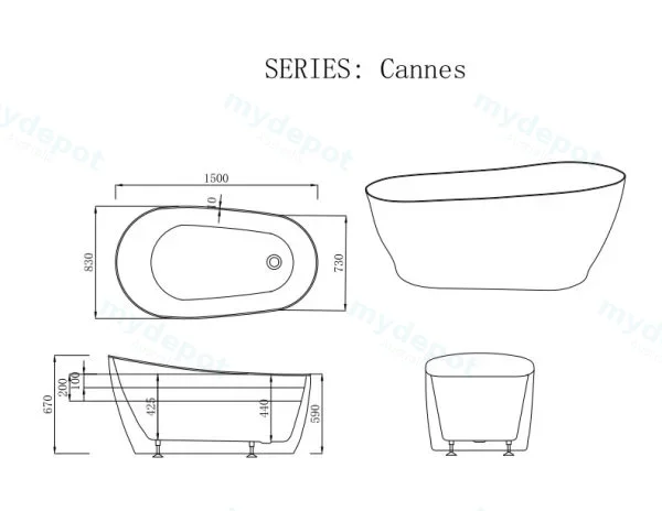 1500*830*670mm Cannes Freestanding Designer Gloss White Bathtub view 2