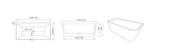 1500*750*590mm Fortuna Back To Wall Square Gloss White Bathtub Thin Edge Without Overflow view 2