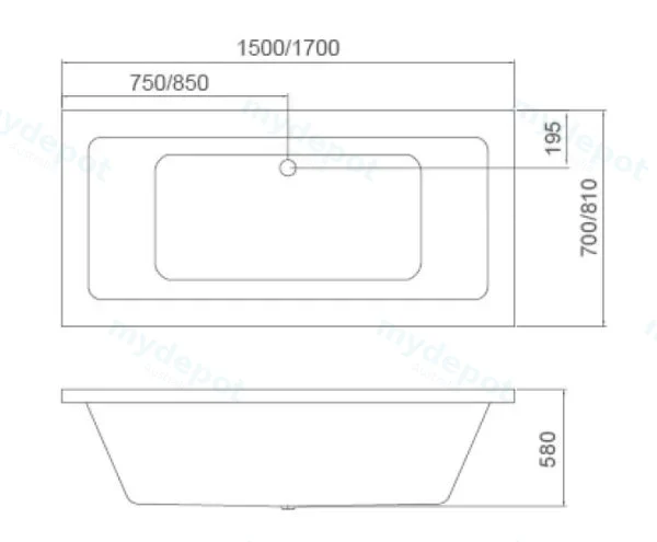 1700*810*440 Mira Gloss White Bathtub view 2