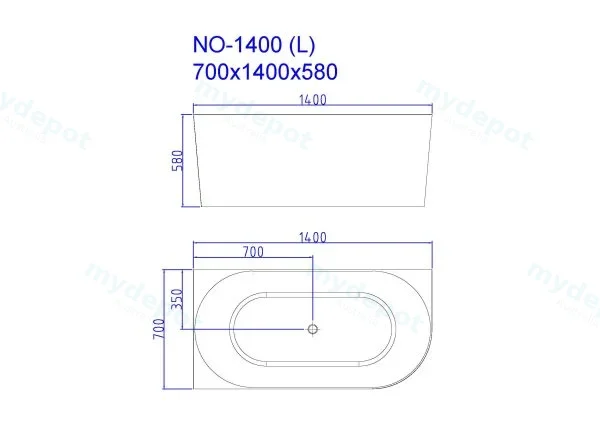 1400*750*590mm Nova Left Hand Corner Gloss White Bathtub view 2