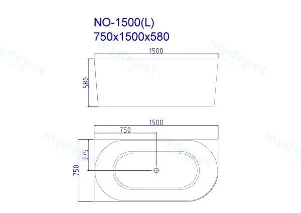 1500X750X590mm Nova Left Hand Corner Gloss White Bathtub view 2