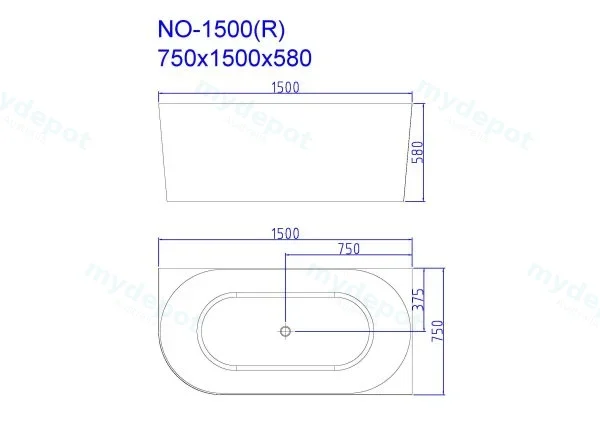 1500X750X590mm Nova Right Hand Corner Gloss White Bathtub view 2