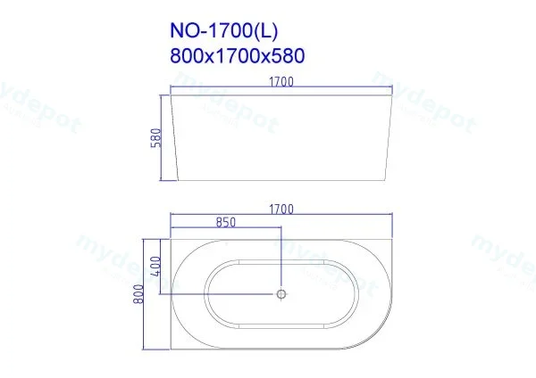 1700*750*590mm Nova Left Hand Corner Gloss White Bathtub view 2