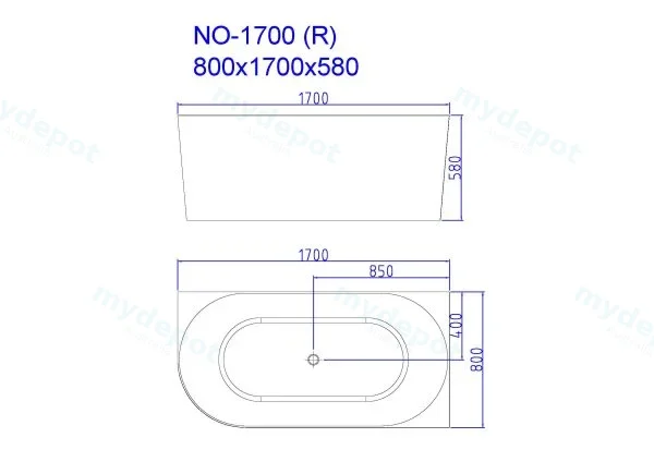 1700*750*590mm Nova Right Hand Corner Gloss White Bathtub view 2