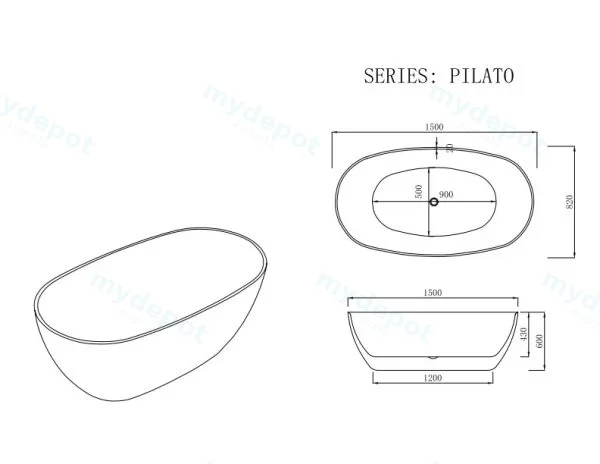 1500*820*590mm Pilato Freestanding Matt White Bathtub view 2