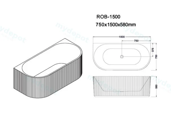 1500*750*590mm Rose Fluted Freestanding Back To Wall Matt White Bathtub view 2