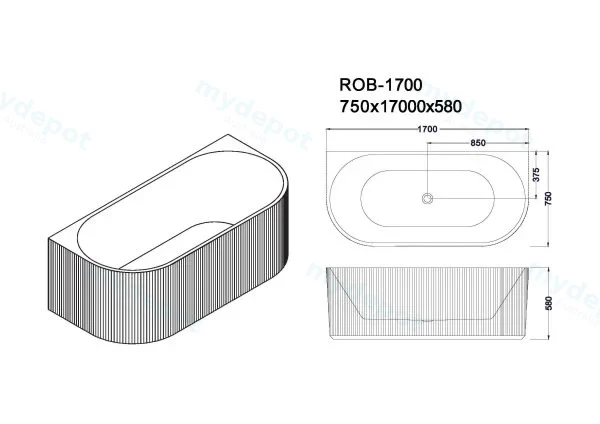 1700*800*590mm Rose Fluted Freestanding Fluted Back To Wall Matt White Bathtub view 2