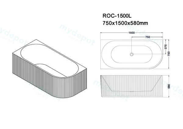 1500*750*590mm Rose V-Groove Left Hand Corner Matt White Bathtub view 2