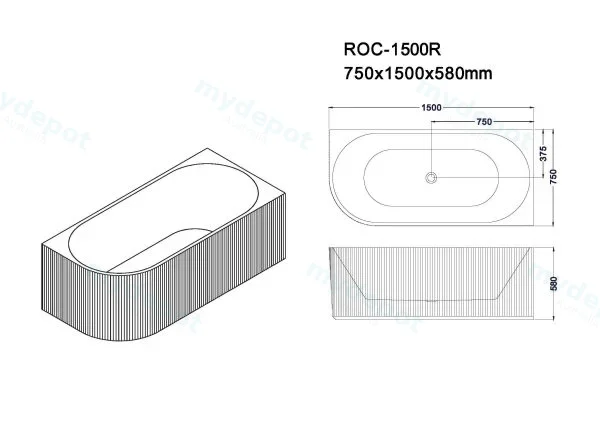 1500*750*590mm Rose V-Groove Right Hand Corner Matt White Bathtub view 2