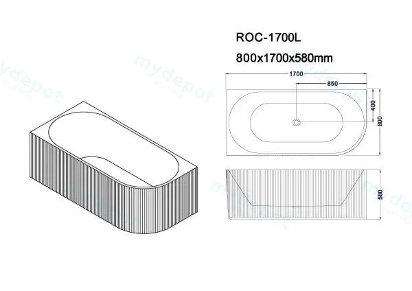 1700*800*590mm Rose V-Groove Left Hand Corner Matt White Bathtub view 2