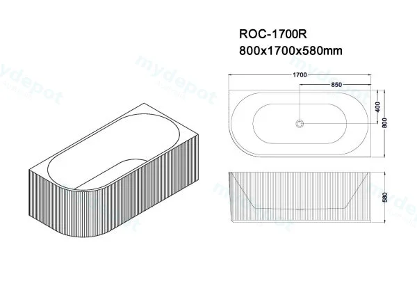 1700*800*590mm Rose V-Groove Right Hand Corner Matt White Bathtub view 2