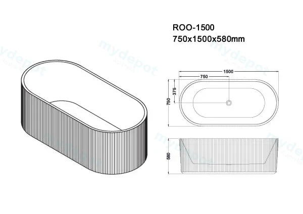 1500*750*590mm Rose Freestanding Fluted V-Groove Matt White Bathtub view 2