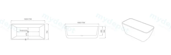 1500*750*590mm Venice Freestanding Gloss White Bathtub Without Overflow view 2