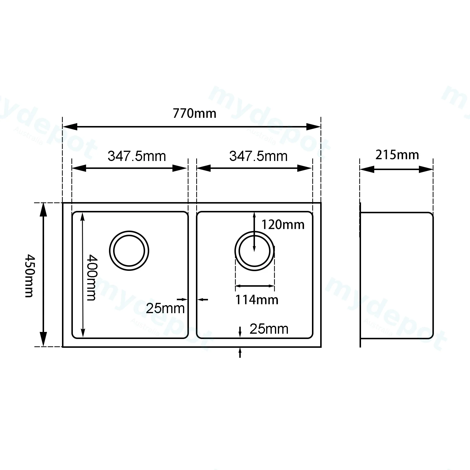 1.2mm Handmade Double Bowls Top/Undermount Kitchen/Laundry Sink 770*450*215mm view 2