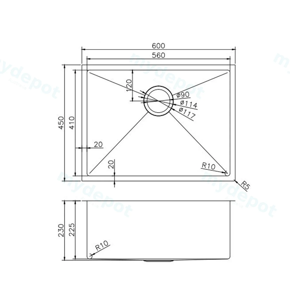 304 Stainless Steel Hand-made Single Bowl Kitchen Sink(Round Edges) 600*450*230mm view 2