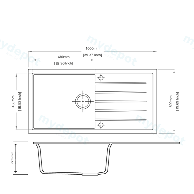 Carysil Vivaldi Concrete Grey Single Bowl with Drainer Granite Kitchen Sink 1000*500mm view 2