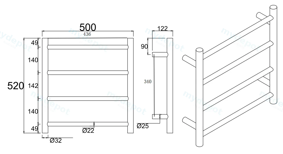 Black Round Electric Heated Towel Rack 4 Bars view 2