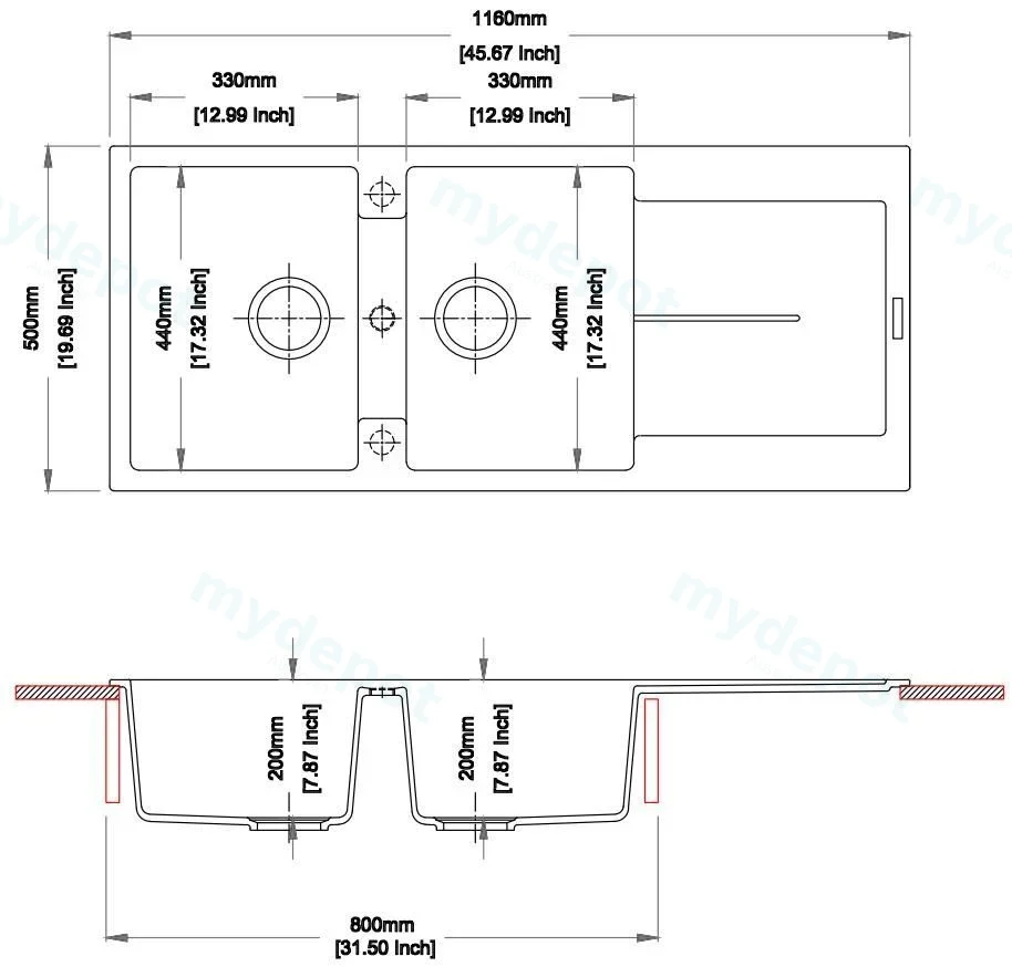 Carysil White Double Bowls with Drainer Granite Kitchen Sink 1160*500mm view 2