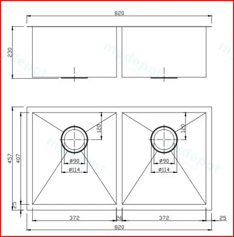 820x457x230mm Brushed Brass Stainless Steel PVD Double Bowl Kitchen Sink view 2