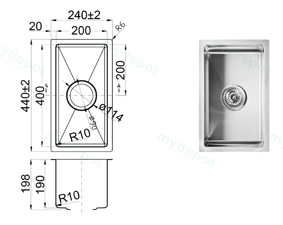 Eden Above / Undermount Single Bowl Sink R10 Corner 240 x 440 x 200mm(304 Stainless Steel) view 2