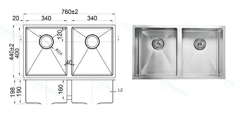 Eden Above / Undermount Double Bowl Sink R10 Corner 760 x 440 x 200mm(304 Stainless Steel) view 2