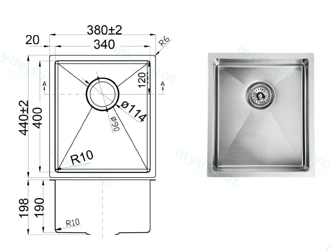 Eden Above / Undermount Single Bowl Sink R10 Corner 380 x 440 x 200mm(304 Stainless Steel) view 2