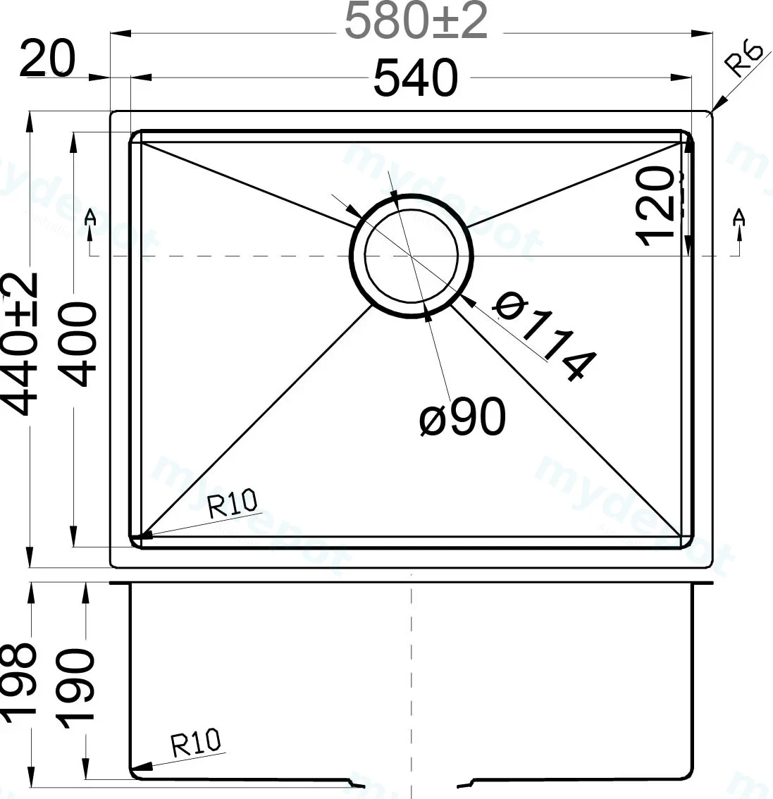 Eden Above / Undermount R10 Corner 580 x 440 x 200mm(304 Stainless Steel) view 2