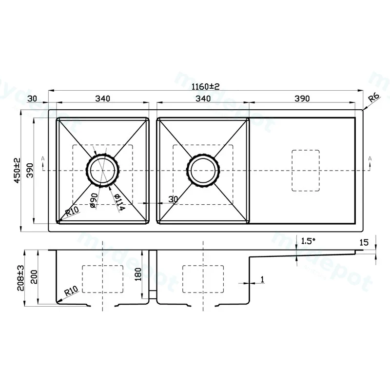Eden Double Bowl & Single Drainer Sink 1160 x 450 x 208mm(304 Stainless Steel) view 2